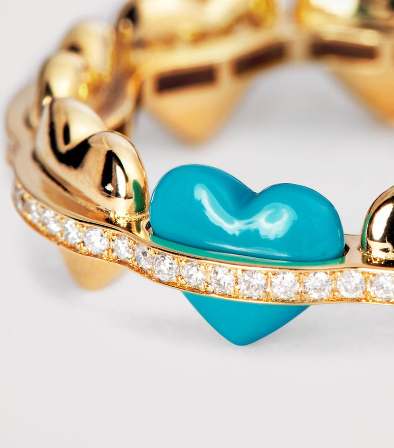 L'Atelier Nawbar yellow gold diamond turquoise heart ring, imported from the UK