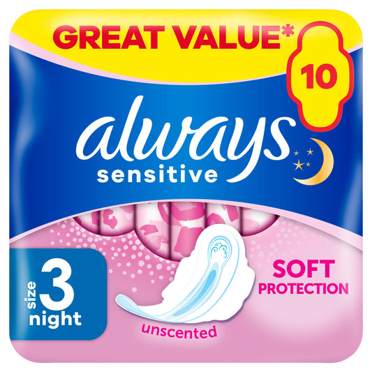 Always Sensitive Night Ultra (Size 3) Sanitary Towels  Wings x10 feminine care Sainsburys   