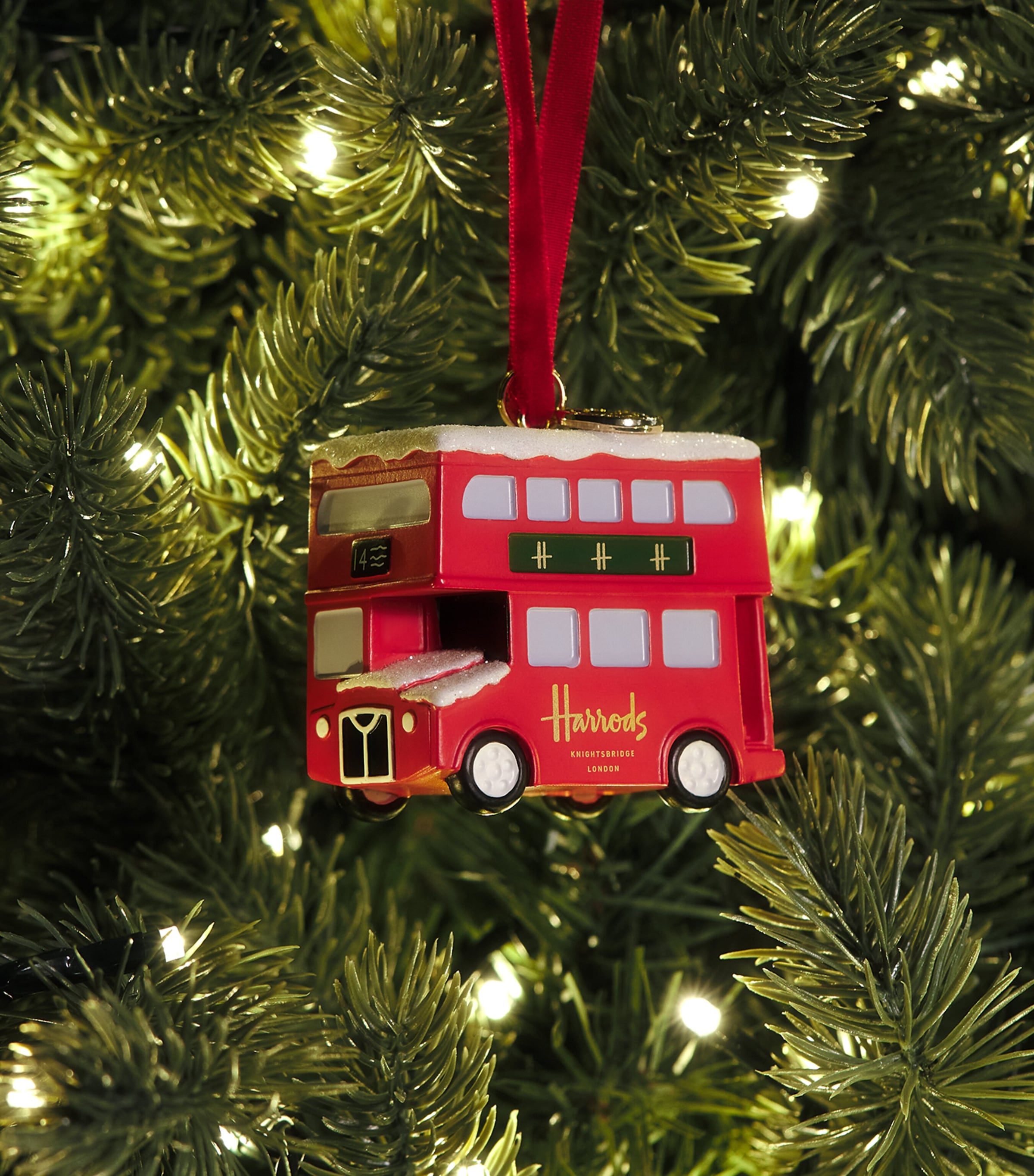 Harrods London bus decoration with iridescent snow, UK version