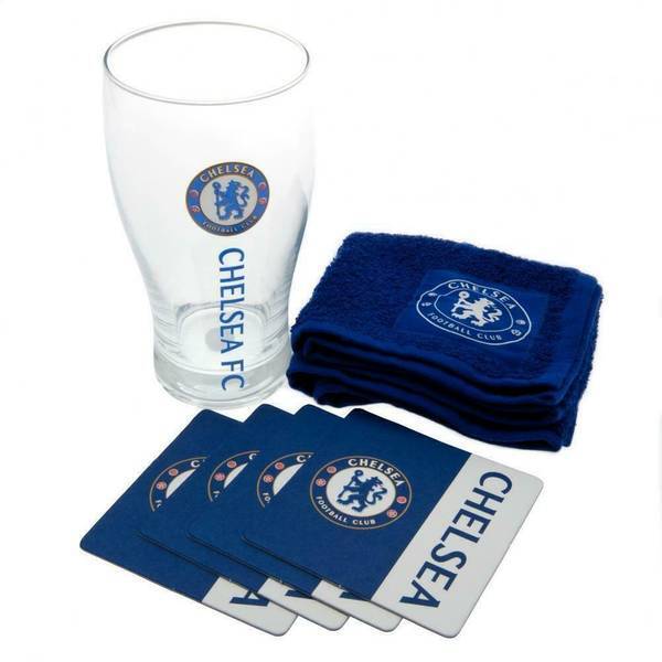 Chelsea FC Wordmark Bar Set Pint Glass Beer Mat Towel (British brand)