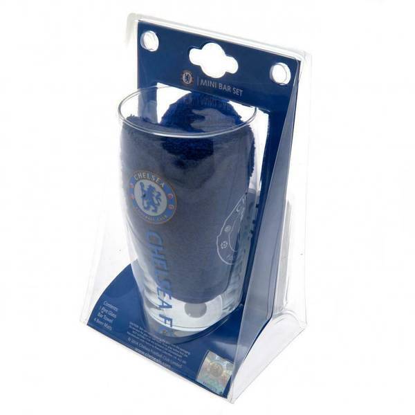 Chelsea FC Wordmark Bar Set Pint Glass Beer Mat Towel (British brand)