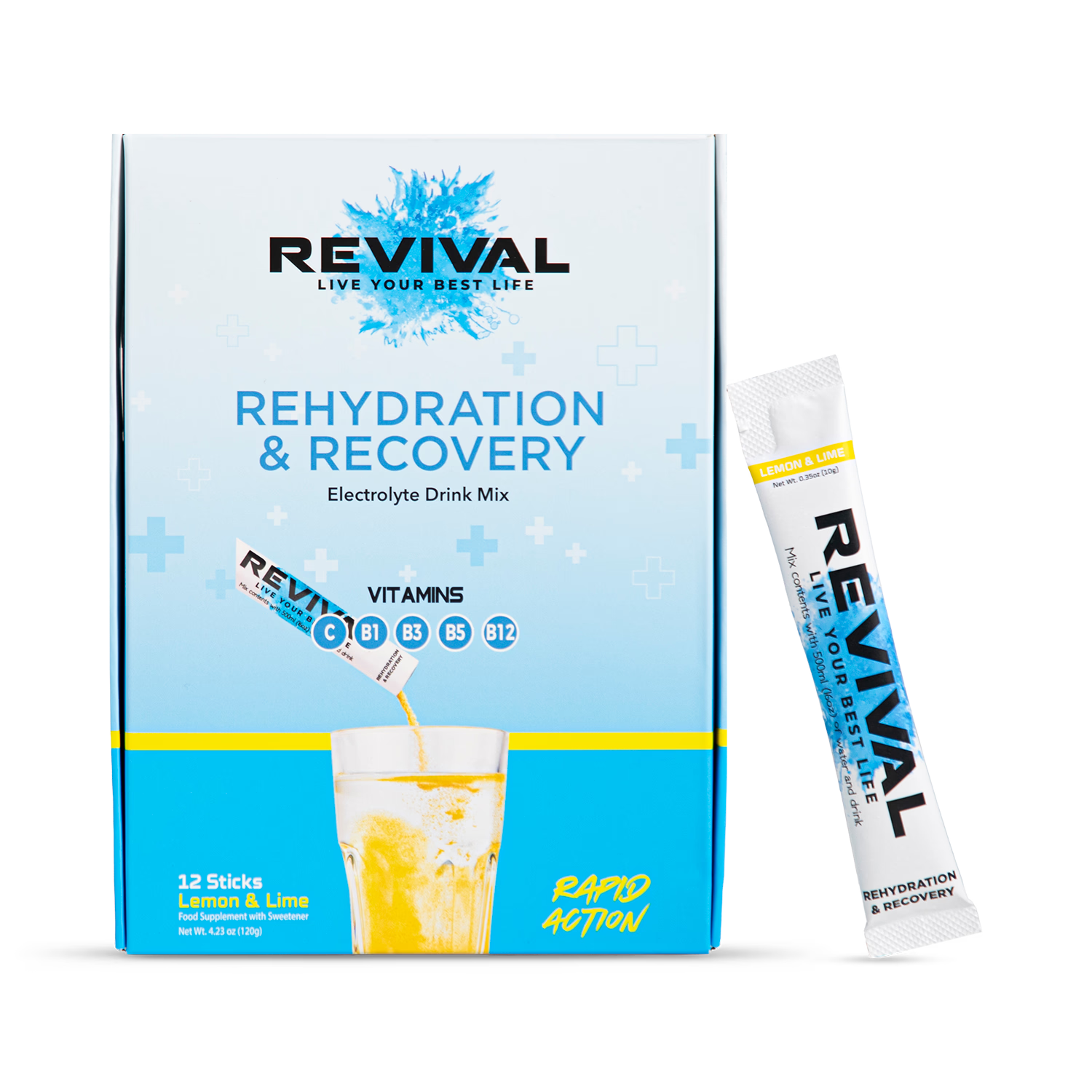 Revival rehydration recovery lemon lime sachets 12 pack, imported from the UK