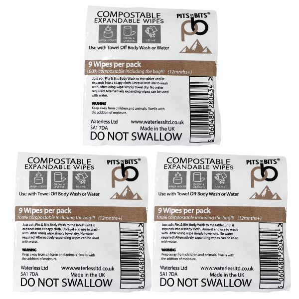 Pits & Bits compostable expanding wipes triple pack - British product