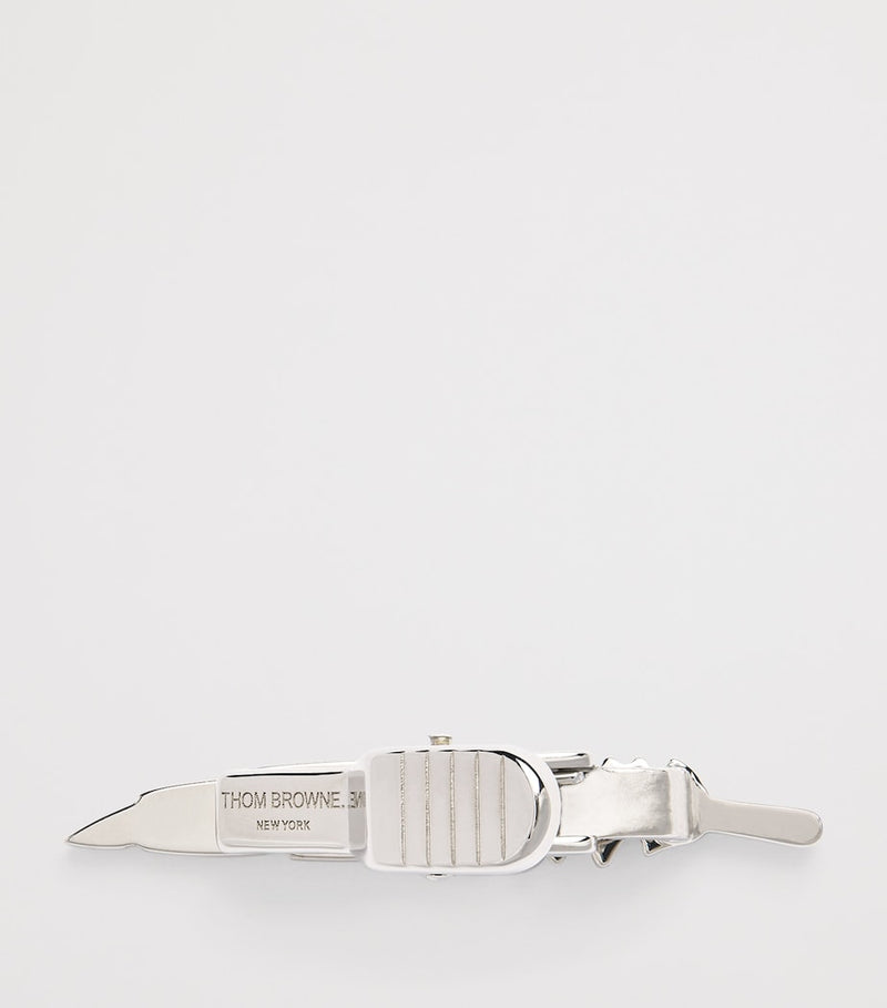 Thom Browne feather tie bar in sterling silver, imported from the UK