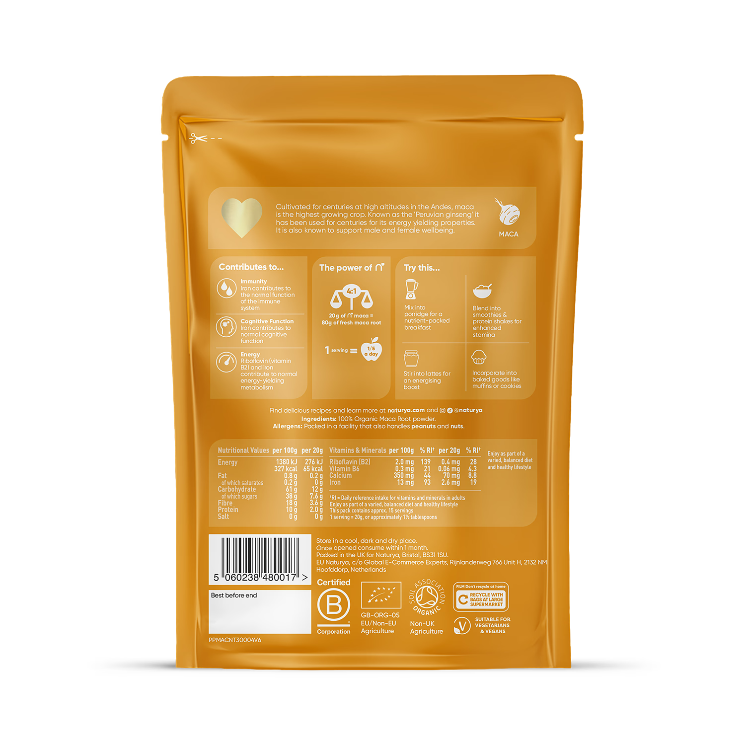 Naturya Organic Maca Powder 300g, imported from the UK