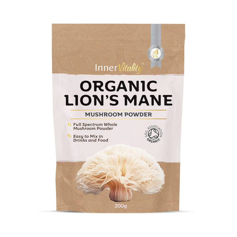 Inner Vitality organic lions mane mushroom powder 100g, imported from the UK