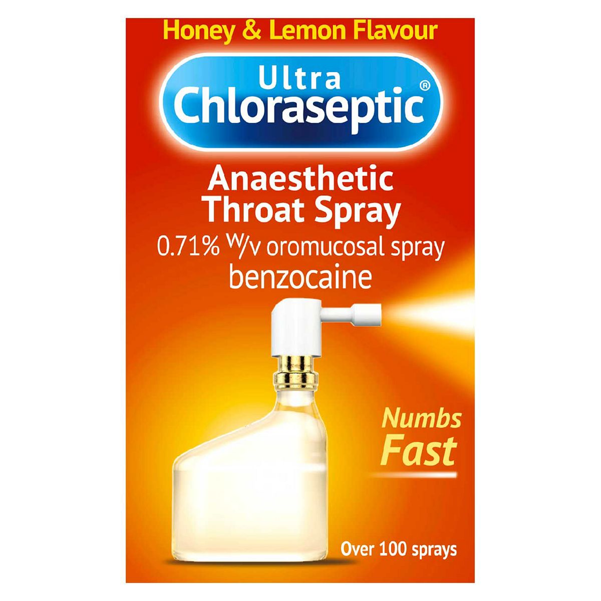 Honey & Lemon Flavour Ultra Chloraseptic Anaesthetic Throat Spray 0.71% w/v Oromucosal Spray (Benzocaine) - 15ml GOODS Boots   