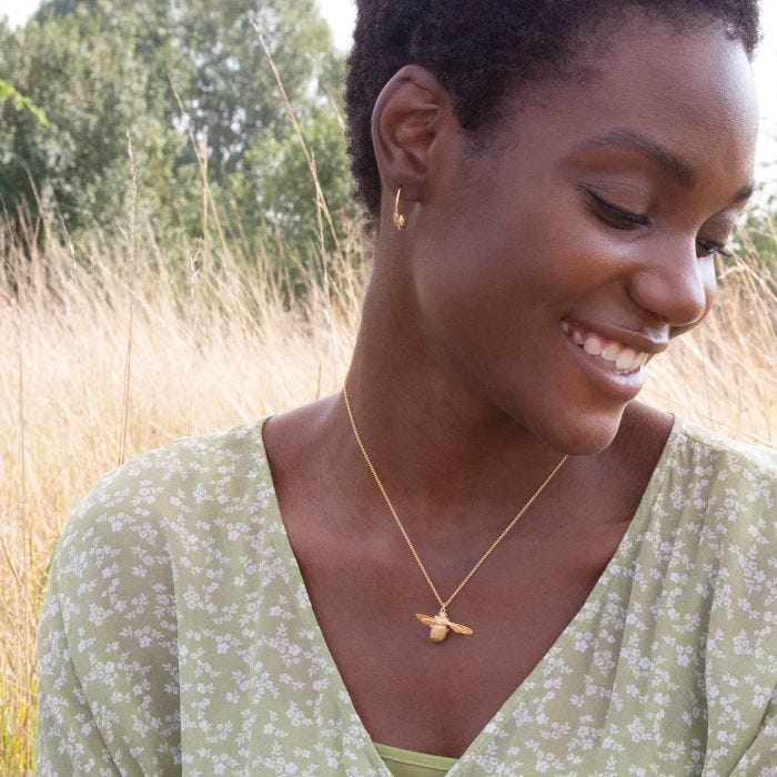 Alex Monroe gold bumblebee necklace on fine chain, UK version