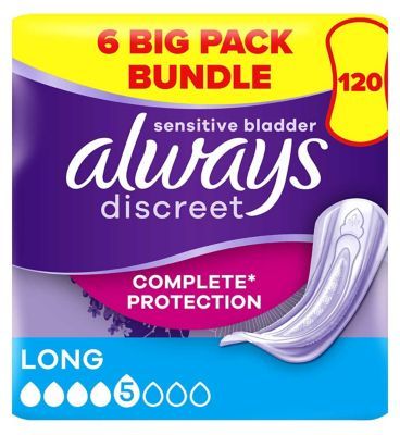 Always Discreet Incontinence Pads Plus Long - 120 pads (6 pack bundle)