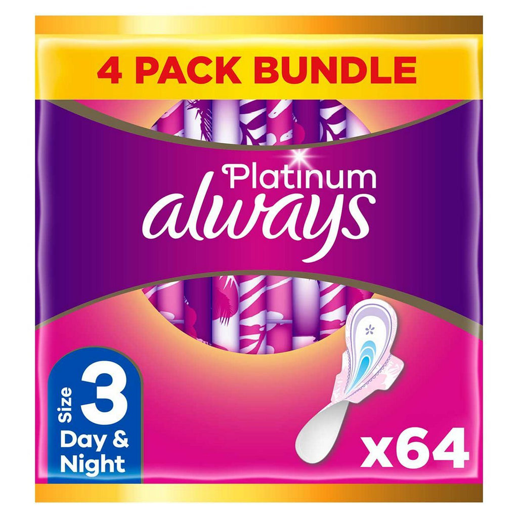 Always Platinum Day & Night (Size 3) Pads Wings 16 Sanitary Towels x4 Bundle