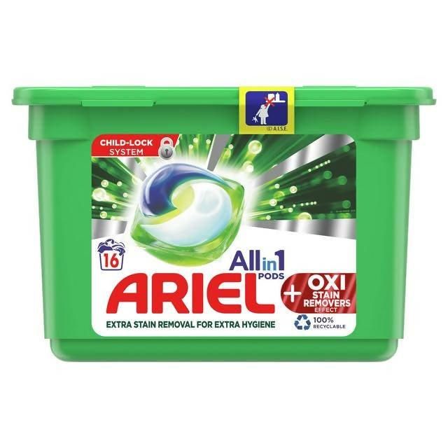 Ariel All-in-1 Pods +Oxi Stain Removers Washing Liquid Capsules, 16 Washes