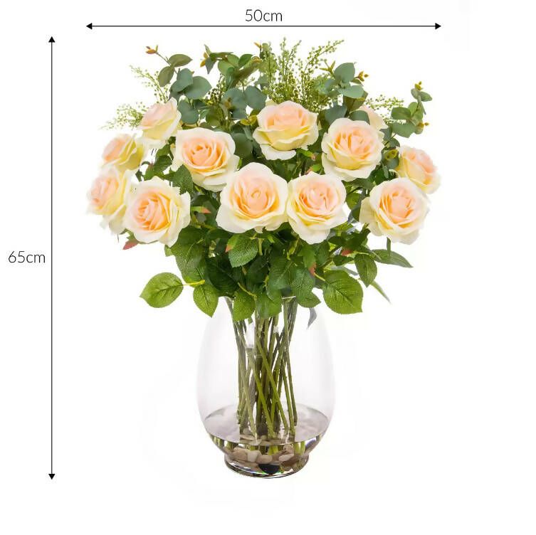 Artificial Pink Roses and Mixed Foliage in Glass Vase