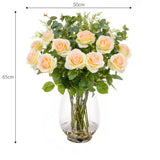 Artificial Pink Roses and Mixed Foliage in Glass Vase