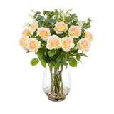 Artificial Pink Roses and Mixed Foliage in Glass Vase