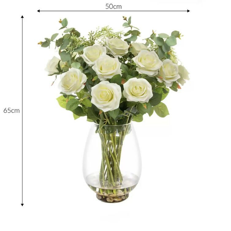 Artificial White Roses and Mixed Foliage in Glass Vase