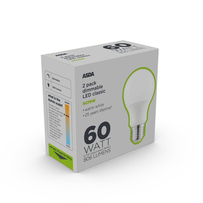 ASDA LED Classic 60W Large Screw Dimmable Lightbulb