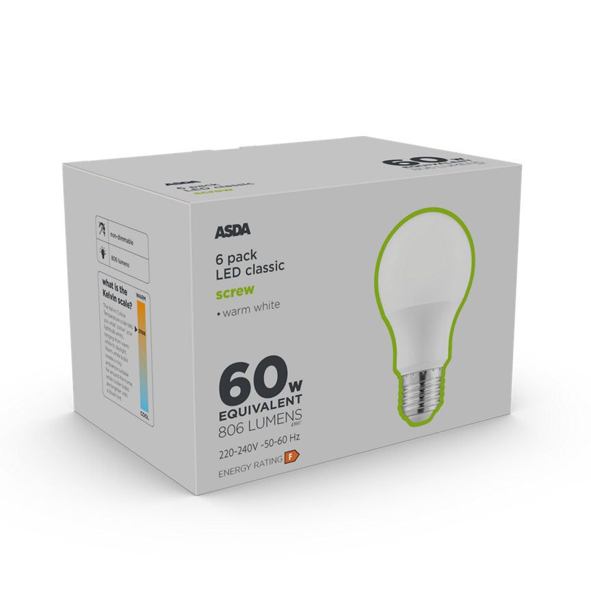 ASDA LED Classic 60W Large Screw Lightbulb 6PK