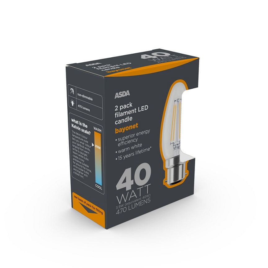 ASDA LED Filament Candle 40W Large Bayonet Clear Lightbulb