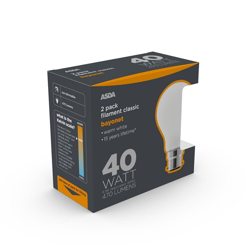 ASDA LED Filament Classic 40W Large Bayonet Coated Lightbulb