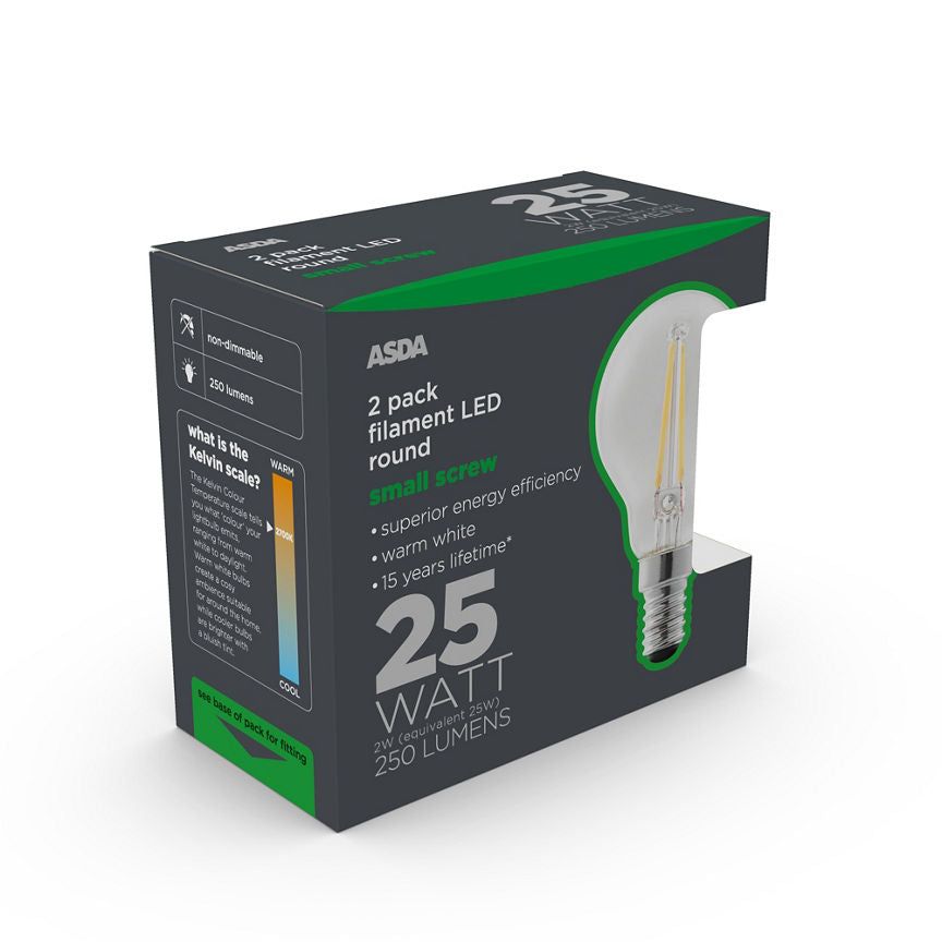 ASDA LED Filament Round 25W Small Screw Clear Lightbulb