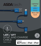 ASDA Tech 3in1 Cable - Blue 1.8m