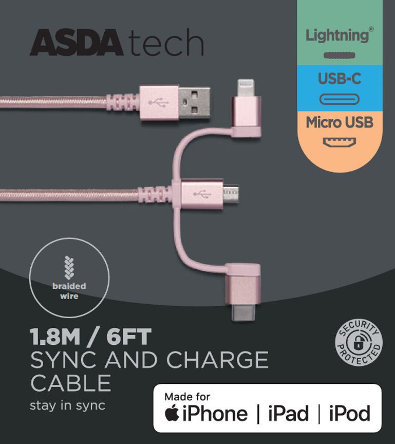 ASDA Tech 3in1 Cable - Pink 1.8m