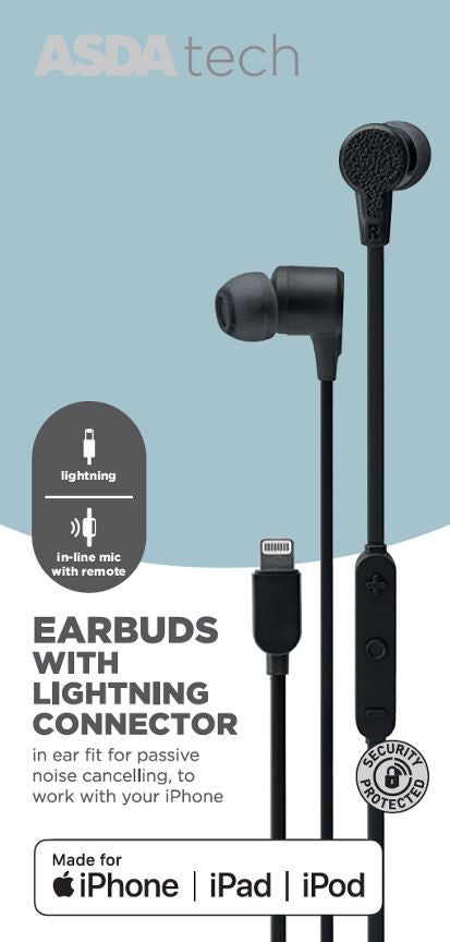 ASDA Tech Earbuds with Lightning Connector - Black