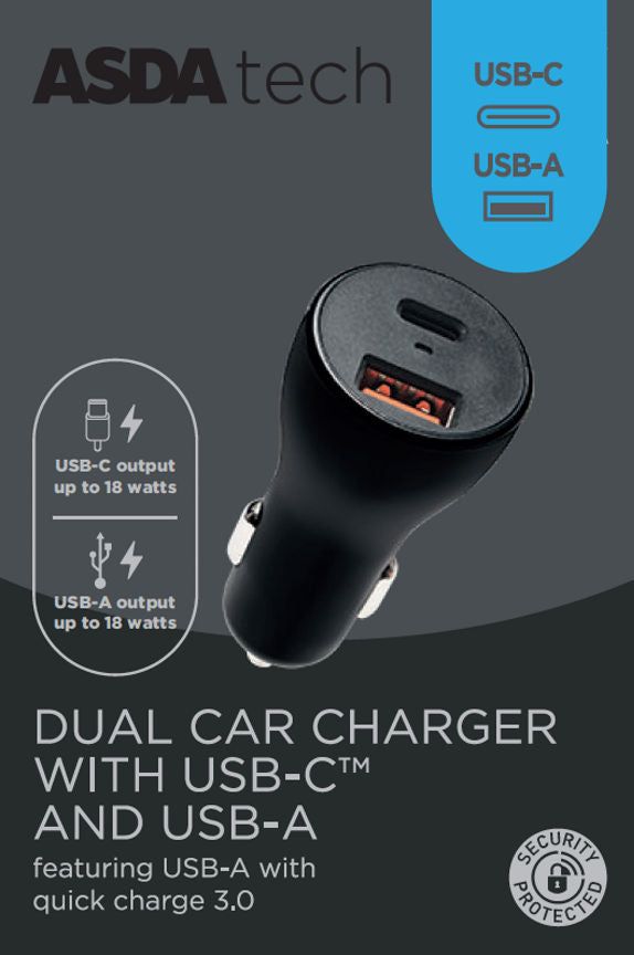 ASDA Tech In Car Charger - USB-A and USB-C 36W