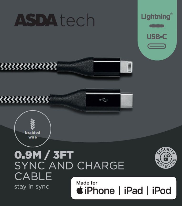 ASDA Tech Lighting to USB-C Cable - Black 0.9m