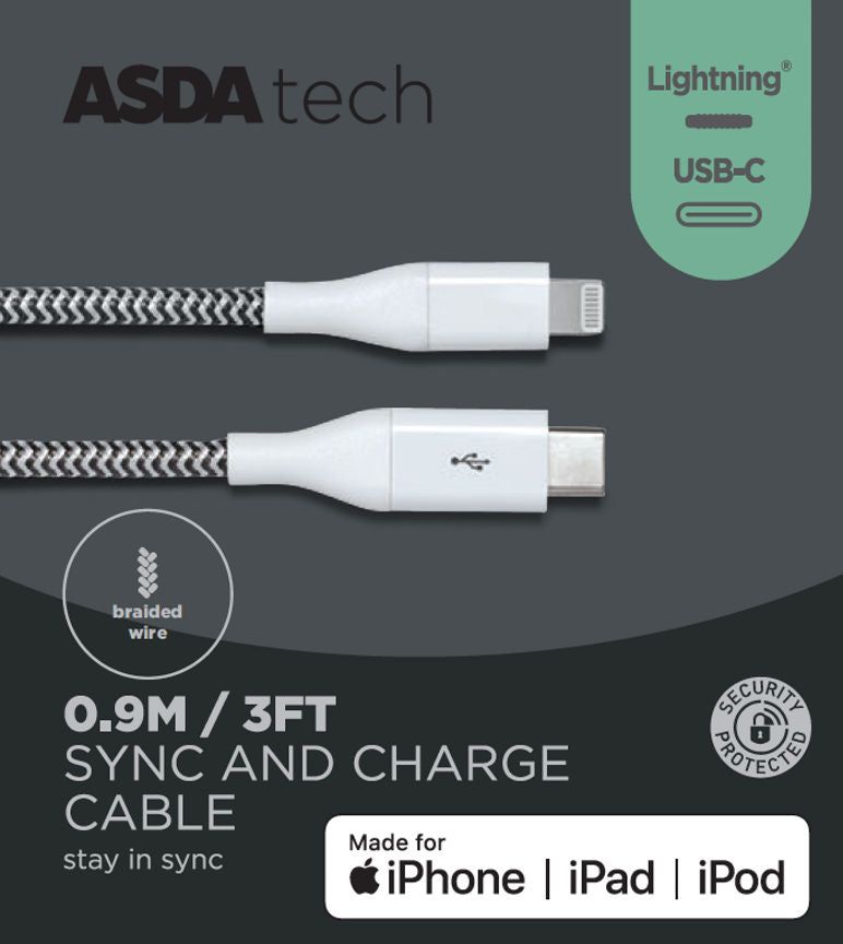 ASDA Tech Lighting to USB-C Cable - White 0.9m