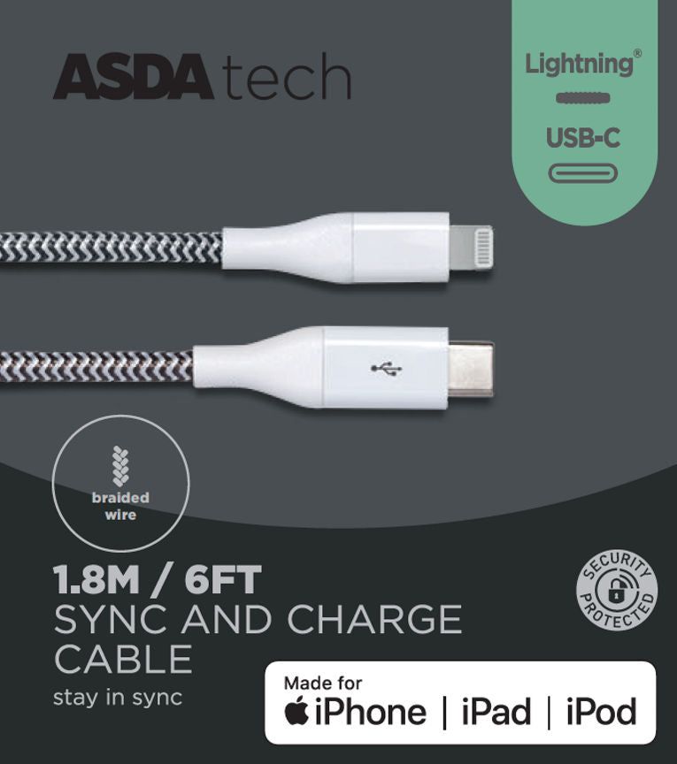 ASDA Tech Lighting to USB-C Cable - White 1.8m