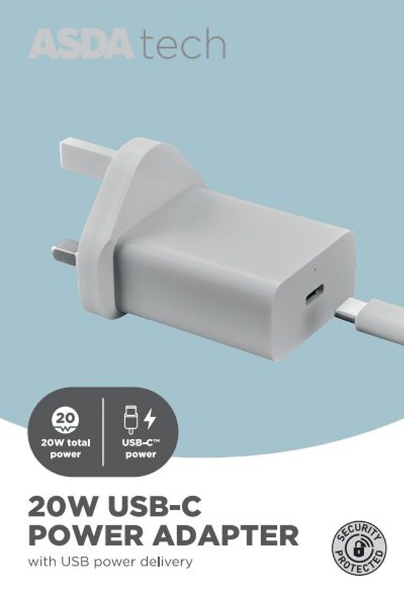 ASDA Tech Mains Charger with Type C Cable - 20w