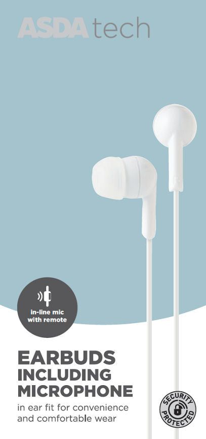 ASDA Tech Wired Earbuds with Mic - White