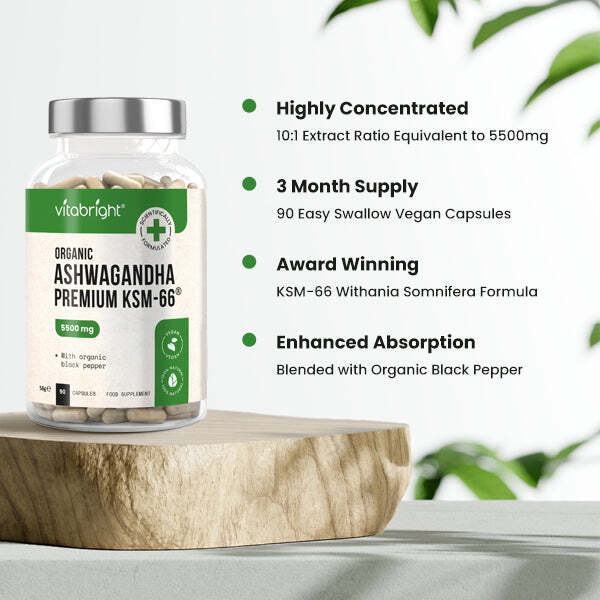 VitaBright organic ashwagandha KSM-66 550mg capsules (British brand)
