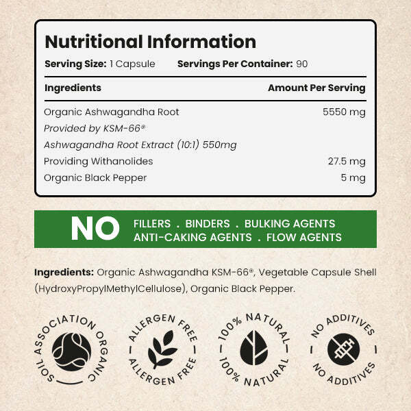 VitaBright organic ashwagandha KSM-66 550mg capsules (British brand)
