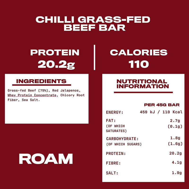 ROAM jalapeño chilli beef bar 6x45g, imported from the UK
