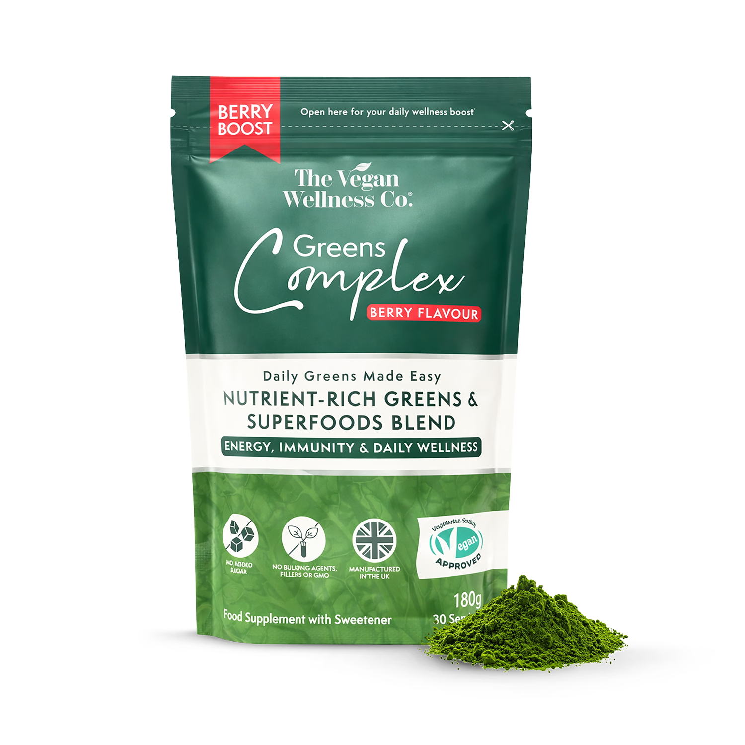 The Vegan Wellness Co. Greens Complex Berry Boost 180g, imported from the UK