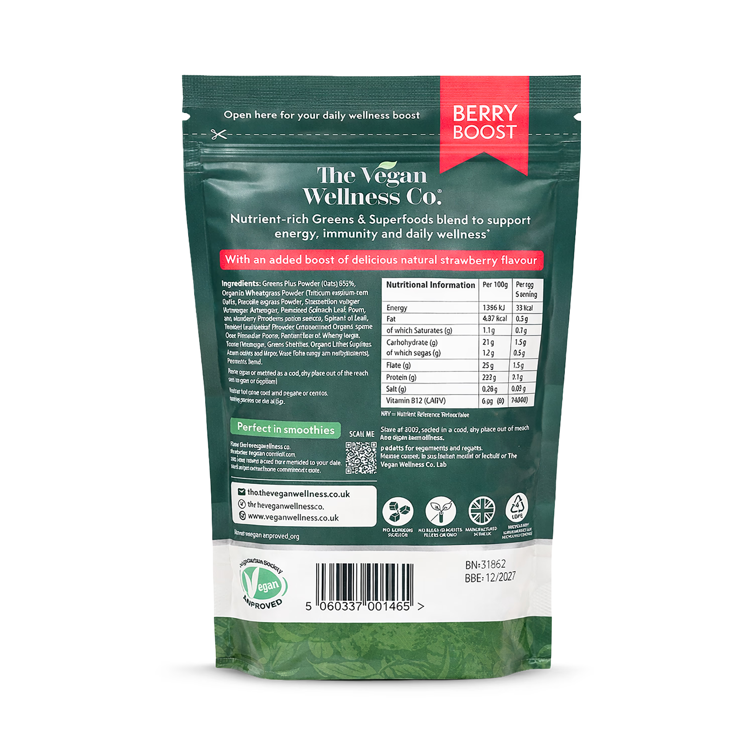 The Vegan Wellness Co. Greens Complex Berry Boost 180g, imported from the UK