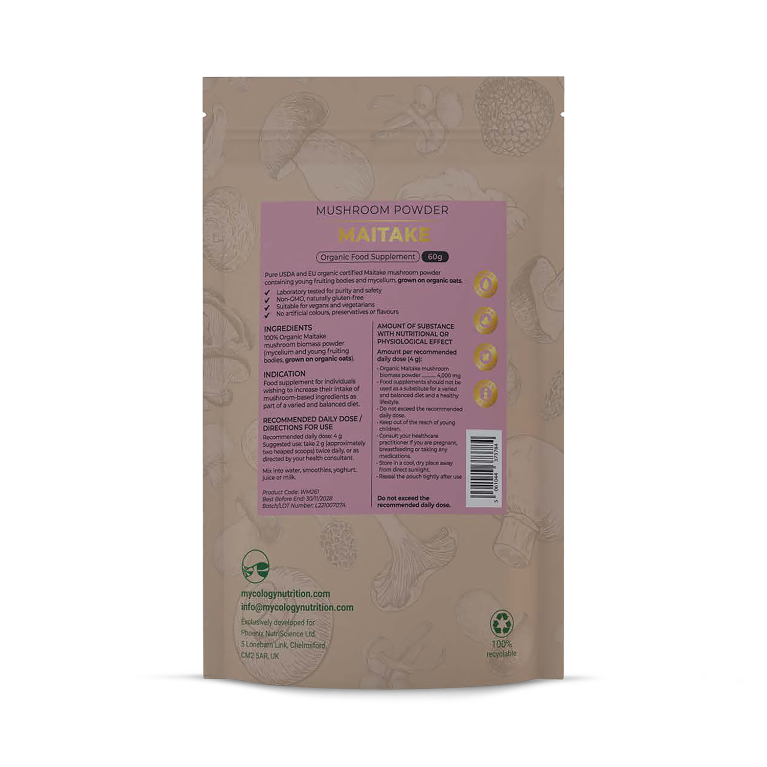 Mycology Nutrition organic maitake mushroom powder 60g, imported from the UK
