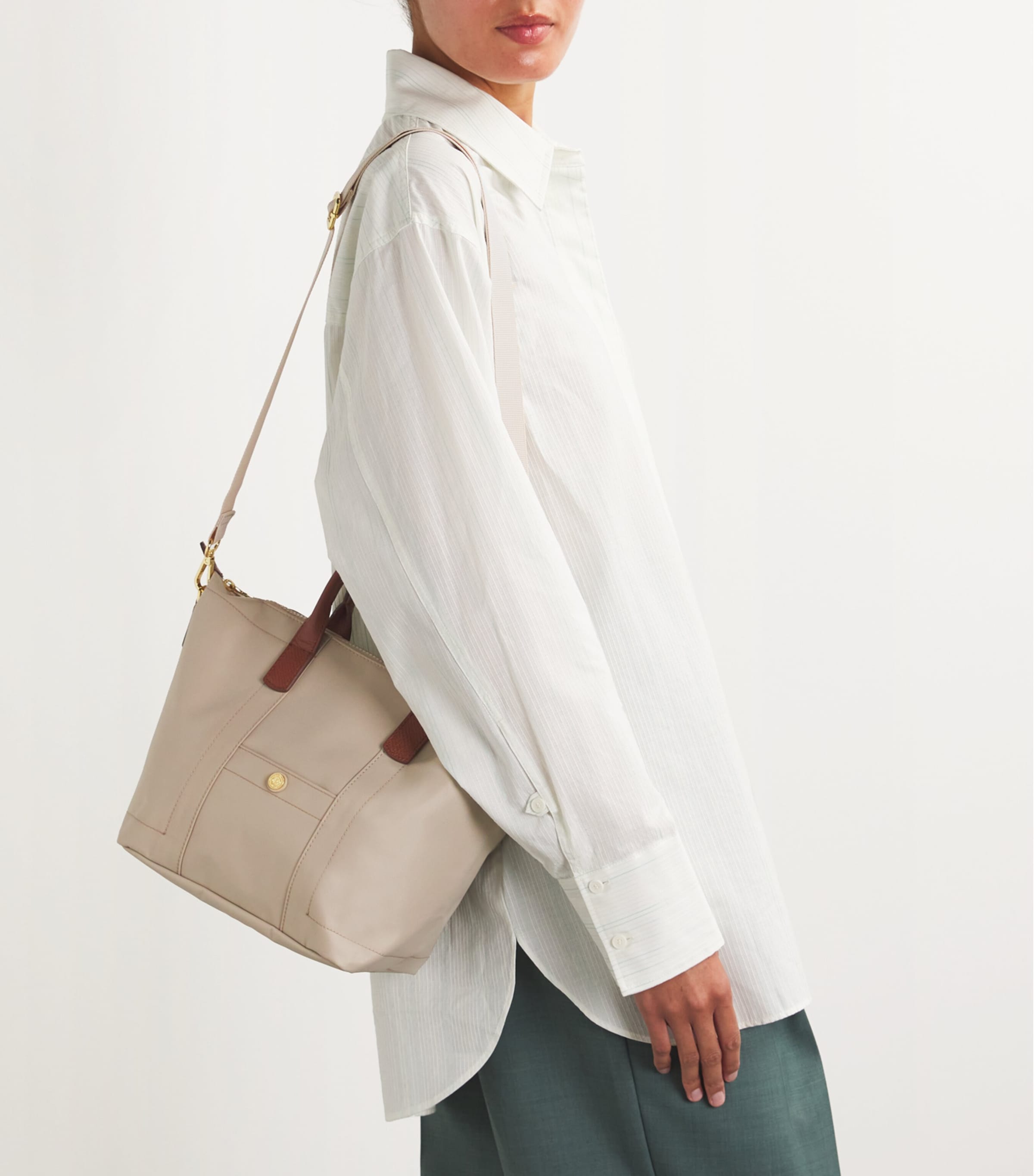 Harrods tote bag made from recycled nylon and leather, imported from the UK