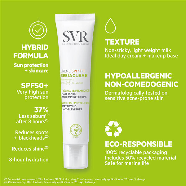 SVR Sebiaclear SPF50+ Mattifying Anti-Blemish Sunscreen 40ml, imported from the UK