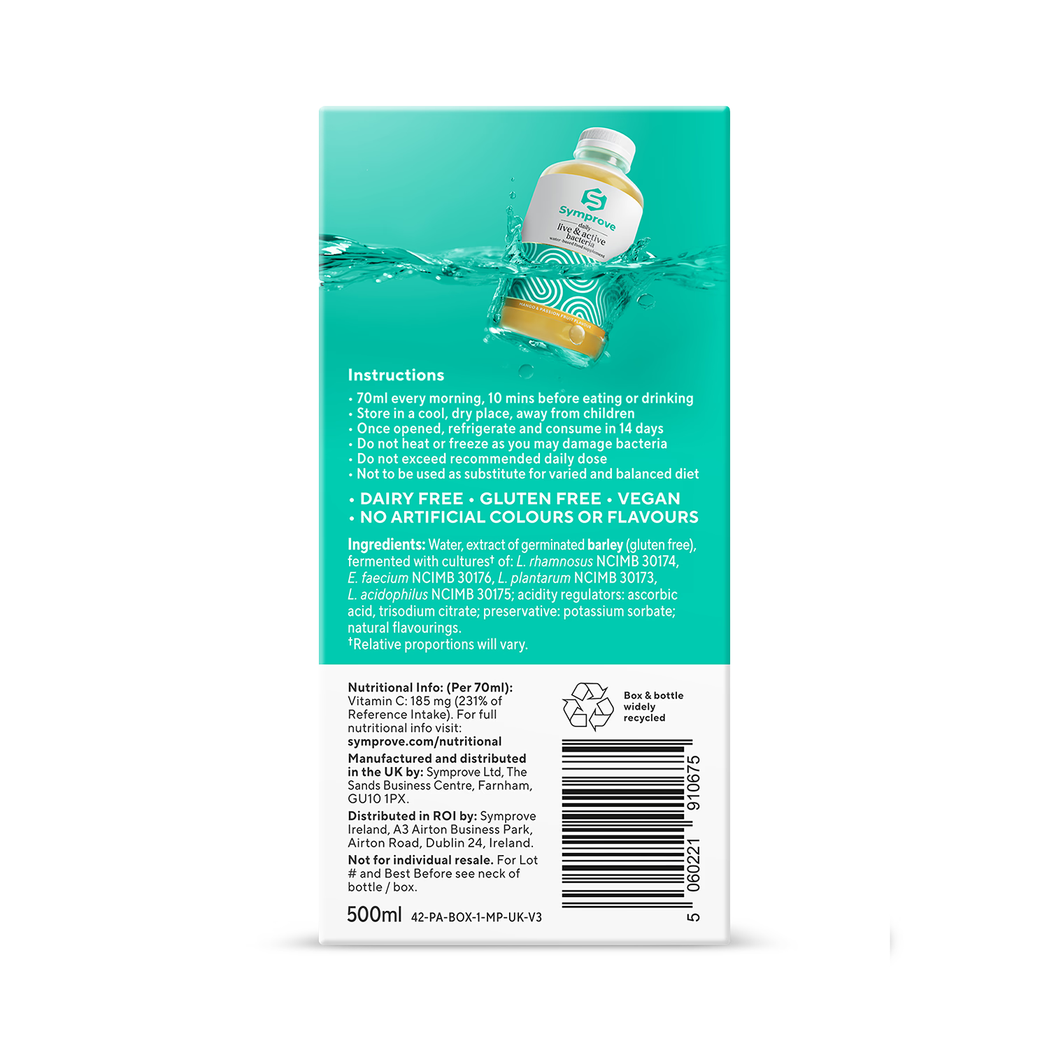Symprove Mango & Passion Fruit live bacteria supplement 500ml, imported from the UK