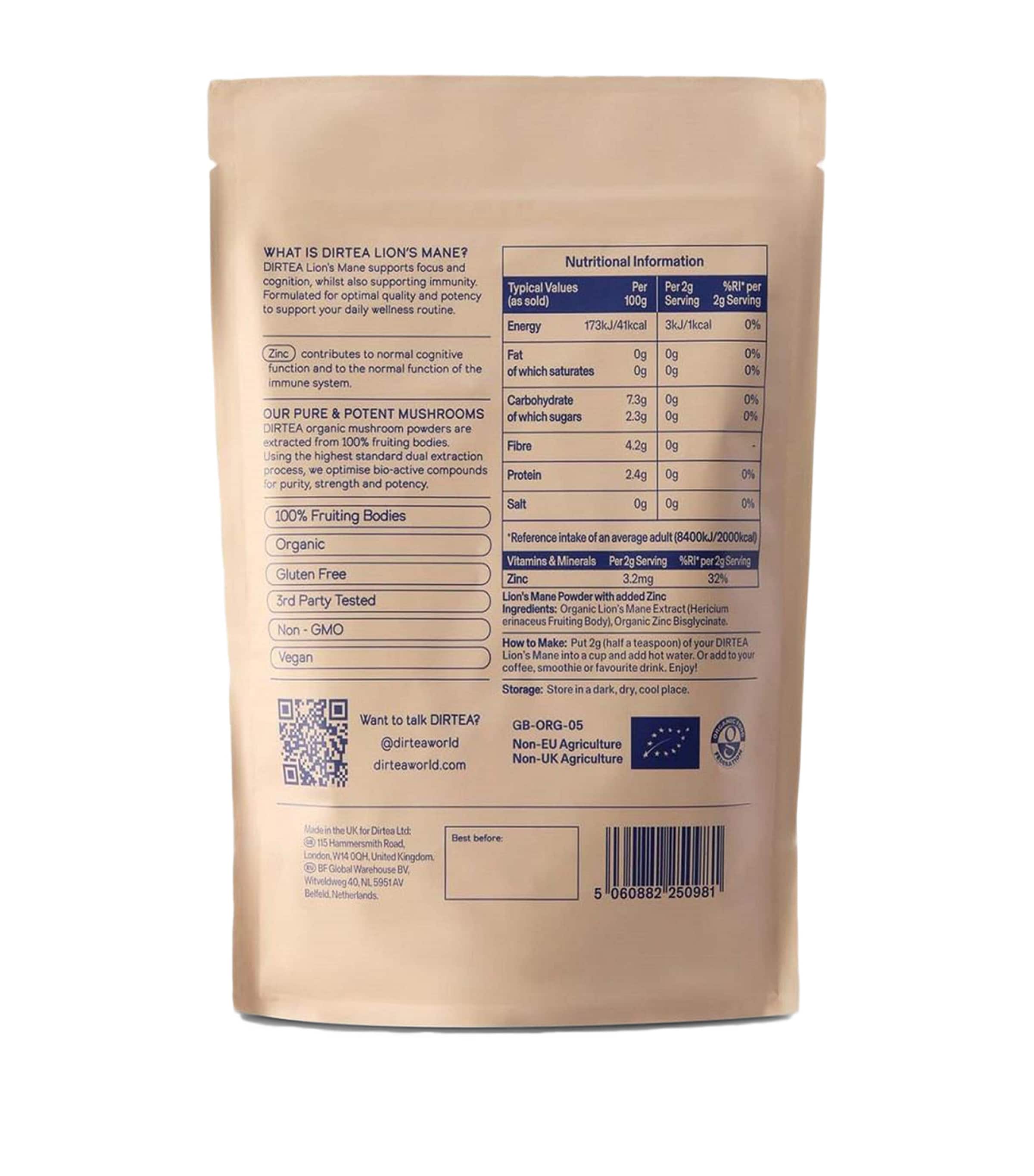 DIRTEA Lion's Mane Focus Powder 240g (British brand)