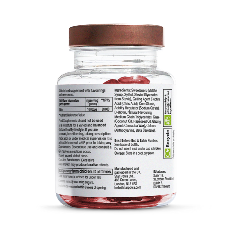 Starpowa Biotin 10,000g raspberry gummies 30 count, imported from the UK