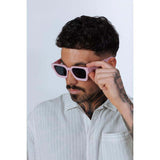 SVNX square retro sunglasses pink frame grey lenses, imported from the UK