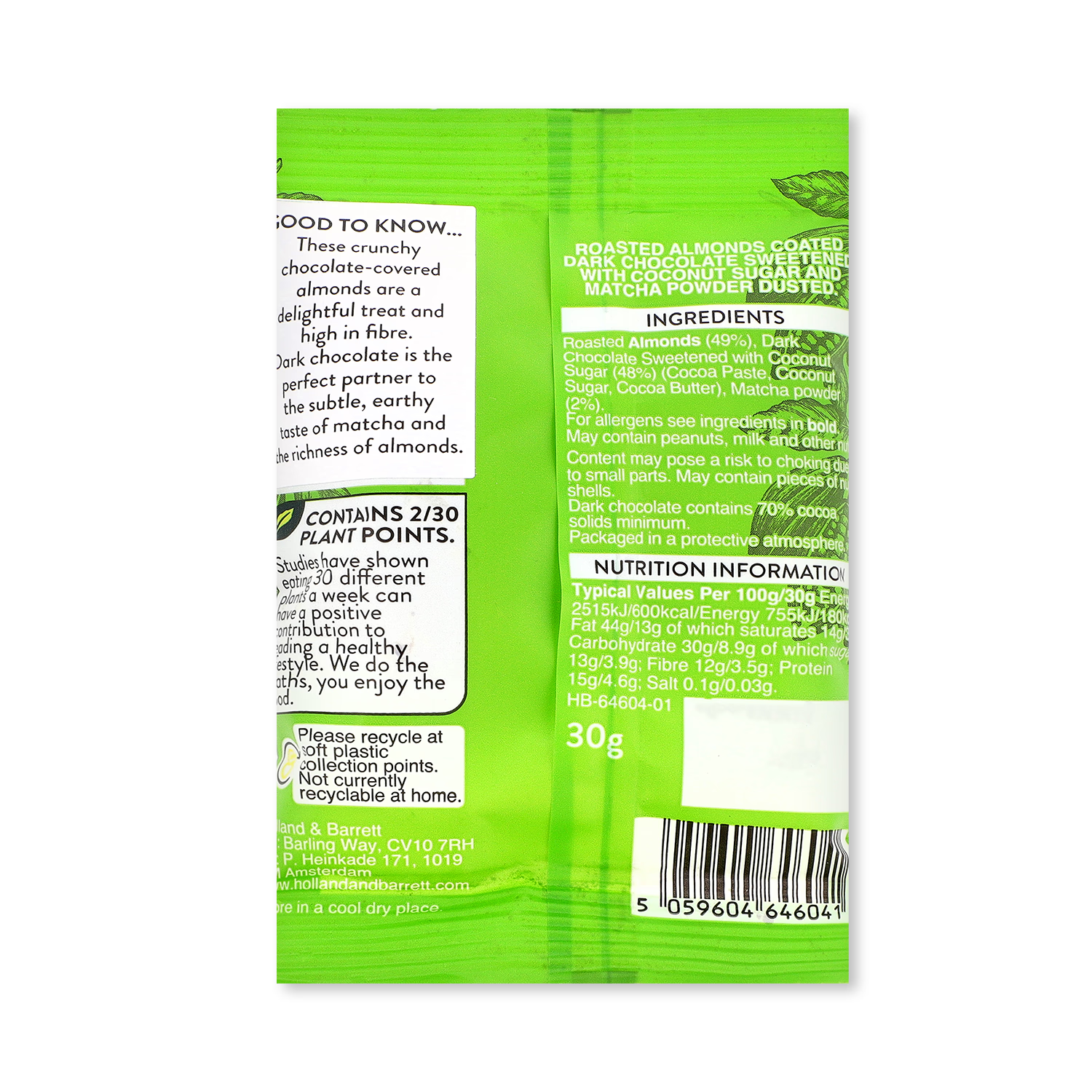 Holland & Barrett dark chocolate matcha almonds 30g, UK version