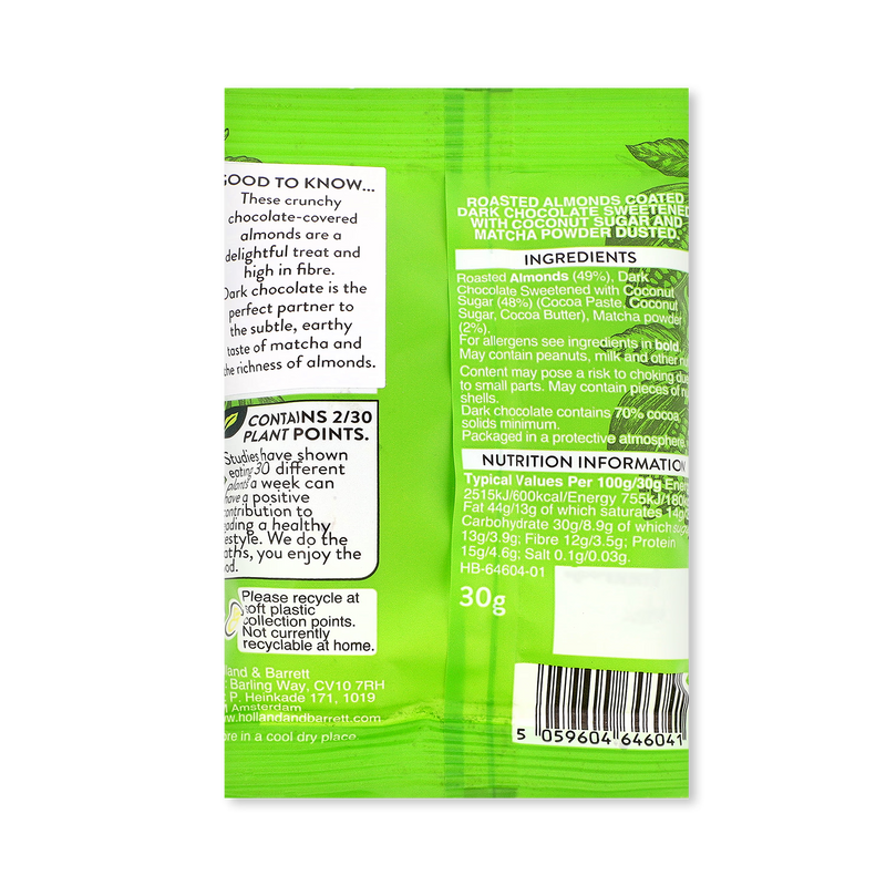 Holland & Barrett dark chocolate matcha almonds 30g, UK version