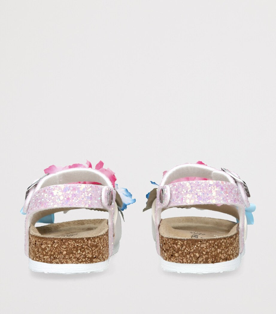 Monnalisa floral appliqué sandals for children with cork sole, imported from the UK