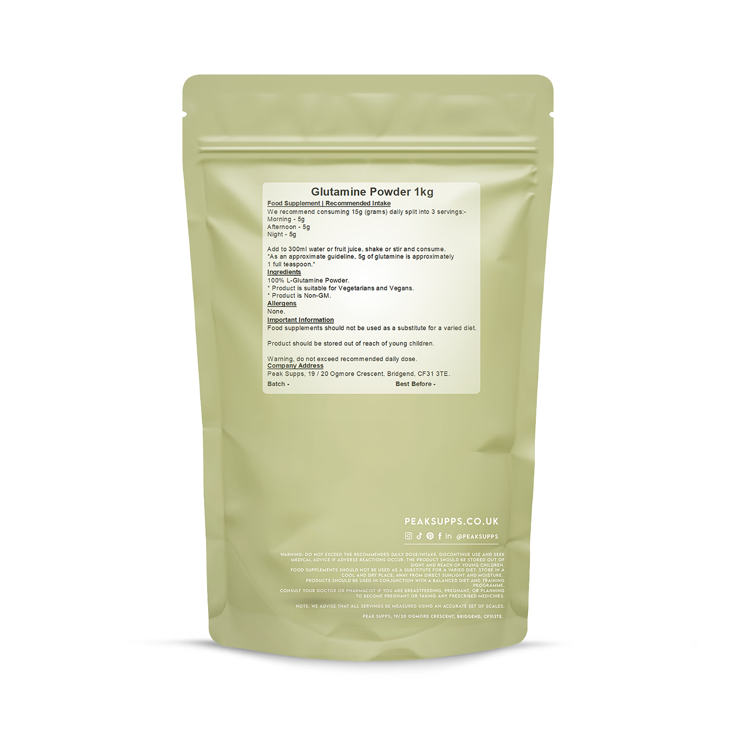 Peak Supps Glutamine Powder 1kg, imported from the UK