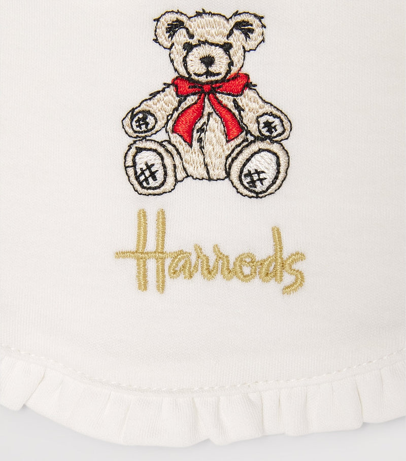 Harrods ruffled embroidered Henry Bear bib, imported from the UK